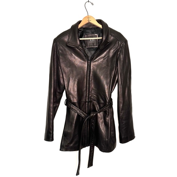 AM Studio | Black Front Zip Belted Leather Jacket Size XL - Picture 1 of 12